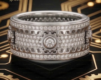 スターリングシルバー製ギアスピニングリング、メカニカルフィジェットリング、抗不安フィジェットリング、ストレス解消リング、フィジェットカー愛好家向け