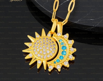 Sun Moon Necklace, Gold Eclipse Necklace, Astronomical Pendant Necklace, Celestial Jewelry Gift For Her, Movable Crescent Moon Necklace