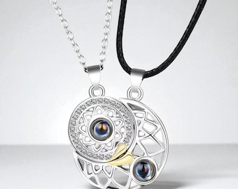 Matching Sun and Moon Necklace, Couples Celestial Jewelry Set, Cosmic Pendant Gift for Lovers or Best Friends