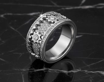 Sterling Silver Gear Spinning Ring, Fidget Ring, Anti Anxiety Fidget Ring, Stress Relief Ring, Gear Rotatable Ring, Fidget Car Enthusiast