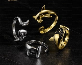 Adjustable Gold Fish Ring, Unisex Shark Statement Jewelry
