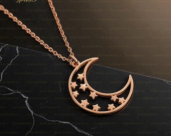 Crescent Moon and Stars Necklace, Moon Star Charm Necklace, Crescent Moon Pendant, Jewelry For Mother's Day Gift