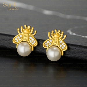 Pearl Bee Earrings, Honey Bee Dangle Earrings, Gold Charm Insect Jewelry, Nature Inspired Bee Earring, Bee Ring Gift For Her