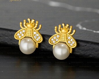 Pearl Bee Dangle Earrings, Gold Honeycomb Insect Jewelry