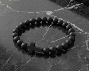 Adjustable Black Stone Cross Bracelet, Christian Gift