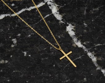 Dainty Gold Cross Necklace, 14K Plated Brass Rolo Chain