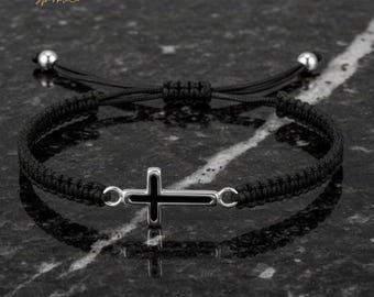 Sterling Silver Cross Bracelet, Adjustable Cord Christian Faith Band