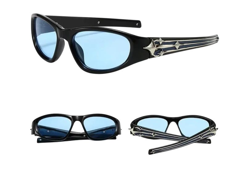 May include: Black sunglasses with blue lenses and a silver star design on the arms.