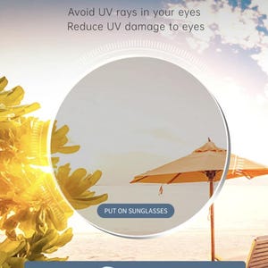 Op de afbeelding: Afbeelding die zonnebrillen met ultraviolette composietcoating promoot. De tekst luidt "Vermijd UV-stralen in uw ogen" en "Verminder UV-schade aan de ogen". Een strandsc&egrave;ne met een parasol en een diagram van het lichtspectrum is ook te zien.