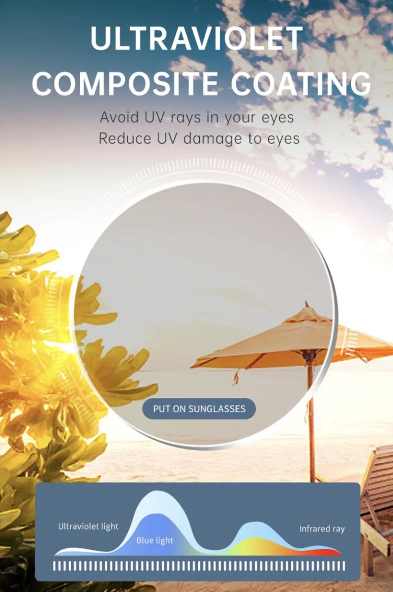 Op de afbeelding: Afbeelding die zonnebrillen met ultraviolette composietcoating promoot. De tekst luidt "Vermijd UV-stralen in uw ogen" en "Verminder UV-schade aan de ogen". Een strandsc&egrave;ne met een parasol en een diagram van het lichtspectrum is ook te zien.