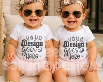 Twin Baby Girls Bodysuit Tutu Mockup | Rabbit Skins White Infant Bodysuit 4424 4400 Mockup |  Boho Aesthetic Twins Outdoor Lifestyle Mockup