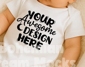 Newborn Baby Bodysuit Mockup | Rabbit Skins 4400 Mockup | White Infant Bodysuit Mock-up | Boho Baby Mockups | Real Baby Model Mockups