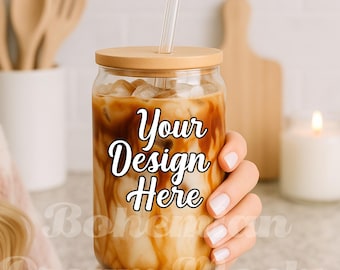 Libbey Glass Can Mockup: Iced Coffee, Bamboo Lid (Digital Download)
