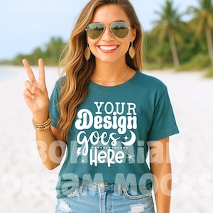 3001 Heather Deep Teal Shirt Mockup | Bella Canvas Heather Deep Teal T-shirt Mockup | Boho Summer Beach Aesthetic Mockup | POD Teal Mockup
