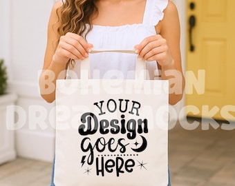 Canvas Tote Bag Mockup | Canvas Bag Mockup with Model | Summer Tote Bag JPG | Off White Tote Bag Mockup for Sublimation & Print