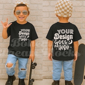 Kids Front Back Shirt Mockup |  Boys Bella Canvas Black 3001Y Mockup | Black Youth Shirt Mockup | Boy model Two Sided Mockup | POD Kids Mock