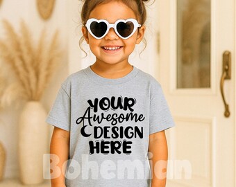 Kids Ash Grey Mockup Gildan 5000B, Unisex Trendy Mock-up, Kids Gray Shirt, Girls Mock, Kids Gildan 500B Real Model, 3001T, Boho Kid Mockup