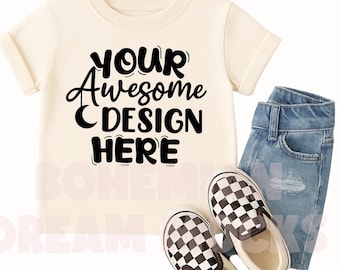 Kids Natural Shirt Mockup | 3001Y T-Shirt Mock up | Toddler Tee Mockup | Flat Lay Youth Shirt Mock-up | Minimal Kids Shirt Mockups