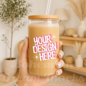 Sipper Cup Mockup | Glass Can mockup | Iced Coffee Beer Glass  Can Mockup | Libbey Glass Can Mock | Hand Holding Sipper Cup | Boho Aesthetic