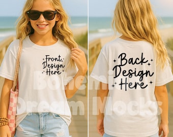 Kids Front and Back White Shirt Mockup |  Kids Bella Canvas 3001Y Mockup | Trendy Kids Mockups | Both Sided Mockup | Kids Back Mockup | JPG