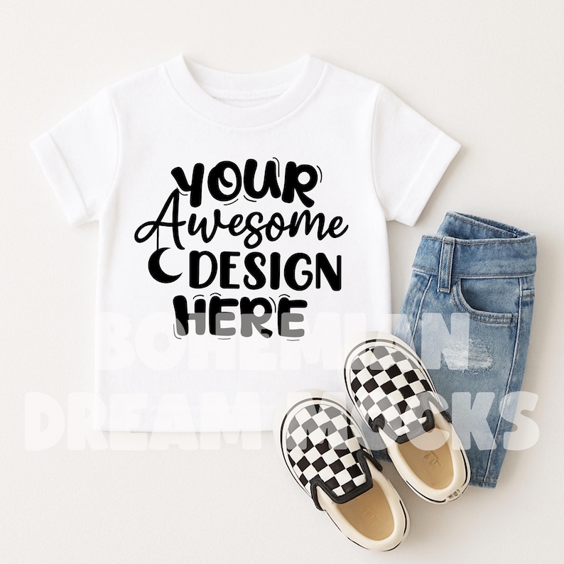 May include: White t-shirt with the text "YOUR Awesome DESIGN HERE" in black. The shirt is laying on a white surface with a pair of black and white checkered slip-on shoes and blue jeans.