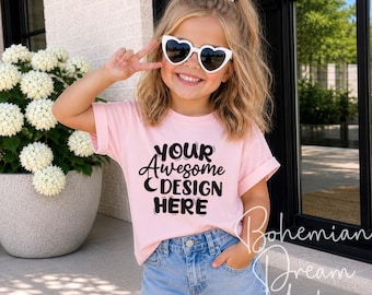 Kids Light Pink T-Shirt Mockup | Trendy Girls Summer Mock-up