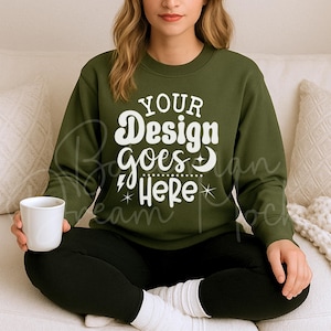Gildan 18000 Military Green Sweatshirt Mockup | Military Green Crewneck Mockup | Boho Fall Model Mockup | Minimal Military Green Mockup