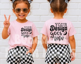 Kids Front and Back Pink Shirt Mockup |  Kids Bella Canvas 3001Y Mockup | Boho Kids Mockups | Both Sided Mockup | Kids Back Mockup | JPG