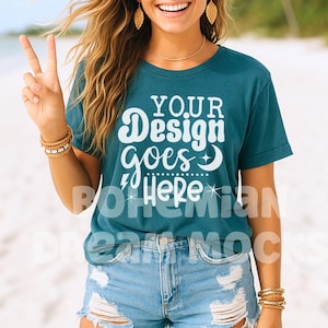 Bella Canvas Heather Deep Teal Shirt Mockup | 3001 Heather Deep Teal T-shirt Mockup | Boho Summer Beach Aesthetic Mockup | POD Teal Mockup