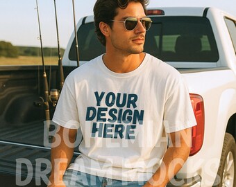 Comfort Colors Men's Shirt Mockup | Outdoor Country Lifestyle Man T-shirt Mockup | Tailgate Truck Shirt on Man | Father's Day Mockup