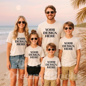 Family Mockup | Family Beach Mockup | White Shirt Family Mockup | Matching Family Tees |  Gildan Softstyle 64000 White Natural | Family of 5