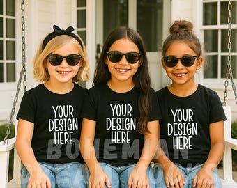 3 girls in black shirts Mockup | Best Friends Mockup | Kids Matching shirts mockup | Bella Canvas 3001Y model mockup | Group of friends