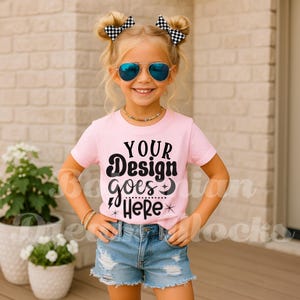Bella Canvas Pink Shirt Mockup |  Girls 3001Y Shirt Mockup | Girls Pink t-shirt Mockup | Trendy Summer Girly Checkered Bows Boho Tee Mockups