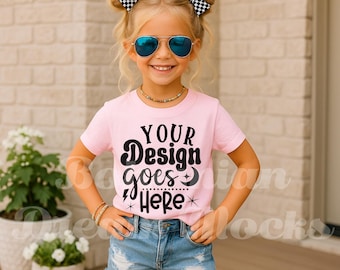 Bella Canvas Pink Shirt Mockup |  Girls 3001Y Shirt Mockup | Girls Pink t-shirt Mockup | Trendy Summer Girly Checkered Bows Boho Tee Mockups