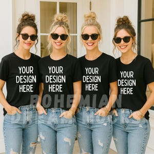 女性グループシャツのモックアップ | 4シスターズシャツのモックアップ | ブライズメイドシャツのモックアップ | ブラックシャツのモックアップ | Bella Canvas 3001 モデルモックアップ