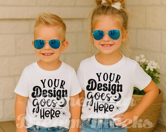 Brother and Sister Shirt Mockup | Bella Canvas White Kids Mockup |  Sibling Outdoor Lifestyle Mockup | 3001Y 3001T Shirt Mockup