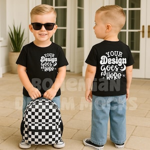 Bella Canvas 3001T Mockup | Kids Front Back Black Shirt Mockup | Boys Two Sided Tshirt Mockup | Boys Back T-shirt Mockup
