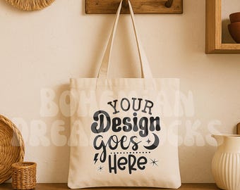 Canvas Tote Bag Mockup | Canvas Tote Bag Hanging in Boho Kitchen | Boho Lifestyle Mockup |  15x16 Bag JPG | POD Tote Bag Mock-up OAD 113