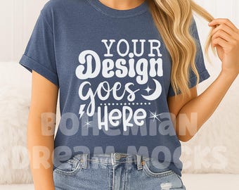 Comfort Colors C1717 Denim Mockup | Denim Shirt Mockup | 1717 Denim T-shirt Mock-up | Dark Blue Shirt Mockup