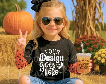 Kids Gildan 5000B Black Shirt Mockup |  Kids Fall T-Shirt Mockup | Girl Tshirt Mockup | Toddler Girls Halloween Shirt Pumpkin Patch Mockup