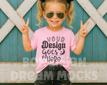 3001T Kids Bella Canvas Pink Shirt Mockup | Girls Pink Oversized TShirt Mockup | Trendy Boho Summer Boho Shirt Mock-up | 3001Y mockup