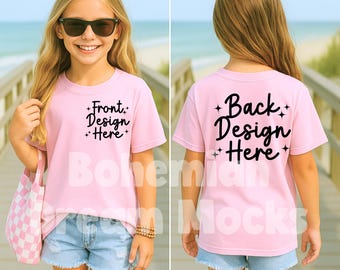 Kids Front and Back Pink Shirt Mockup |  Kids Bella Canvas 3001Y Mockup | Boho Kids Mockups | Both Sided Mockup | Kids Back Mockup | JPG
