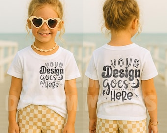 Bella Canvas 3001Y White Shirt Front Back Mockup | Kids White Tshirt Front Back Mockup | Trendy Girls Shirt Mockup | Youth White Mock-up
