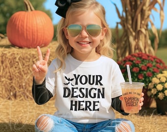 Kids Gildan 5000B White Shirt Mockup |  Kids Fall T-Shirt Mockup | Girl Tshirt Mockup | Toddler Girls Halloween Shirt Pumpkin Patch Mockup