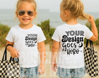 Kids Front and Back White Shirt Mockup |  Kids Bella Canvas 3001T Mockup | Boho Kids Mockups | Both Sided Mockup | Girls Shirt Back Mockup
