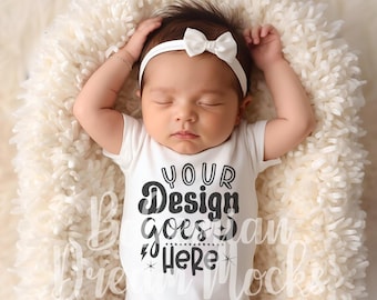 Newborn Baby in Gerber Onesie® Mockup | White Infant Bodysuit Mock-up | Preemie Baby Mockup | Baby Infant Girl Model Baby Grown Vest Mockup