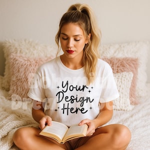 Gildan 64000 White Shirt Mockup | Gildan 5000 White Mockup | White C1717 Mockup | Boho Aesthetic Mockup | Woman Reading Book Mockup