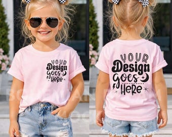 Girls Pink Shirt Mockup | Front and Back Kids Mock up | Bella Canvas 3001T Pink T-shirt Mock-up | Trendy Kids Light Pink Tee Mock-up 3001Y