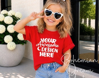 Kids Red T-Shirt Mockup | Trendy Girls Summer Mock-up