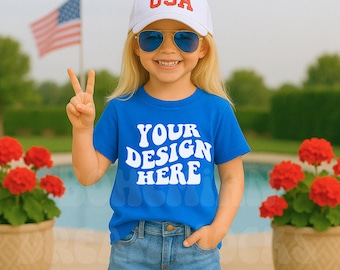 Bella Canvas 3001Y Royal Blue Mockup | 4th of July Kids Mockup | Girls Royal Tee Mock-up | Fourth of July Mockup | Patriotic Kids Mockups